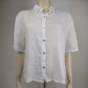 NWT Nicole Miller white 100% Linen short sleeve button front blouse top Medium
